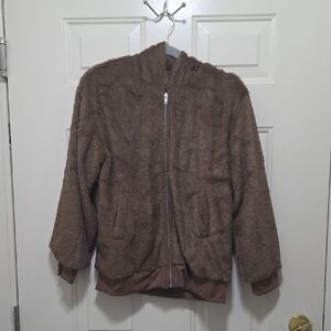 Brown Plush Zip-Up Jacket with Hood